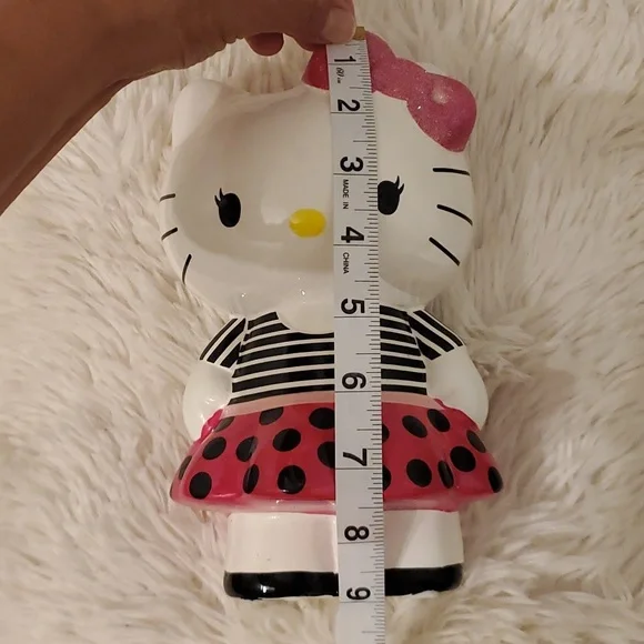 Hello Kitty Ceramic Coin Bank 8" Tall. Pink Polka Dot Skirt, Striped Blouse - Picture 8 of 10